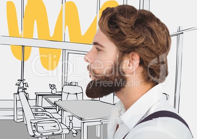 Millennial man with beard against 3D grey and yellow hand drawn office