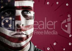 Portraiture of man with american flag face paint against maroon background with fireworks doodles