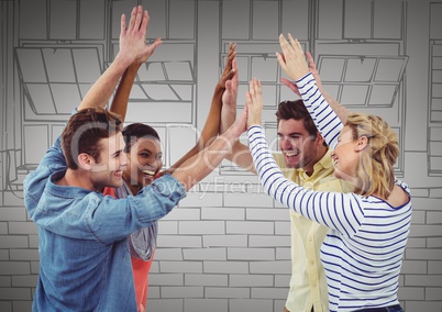 Millennial team high fiving against grey hand drawn windows