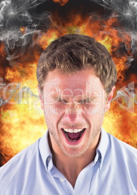 anger man shouting with steam on ears and fire behind him.