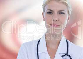 Female doctor against red and white abstract background