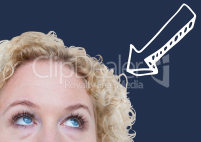 Top of woman's head looking at white downward arrow against navy background