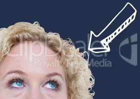 Top of woman's head looking at white downward arrow against navy background