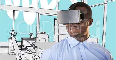 Business woman in virtual reality headset against grey and blue hand drawn office