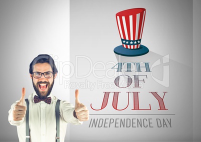 Business man with thumbs up against illustration for the 4th of july