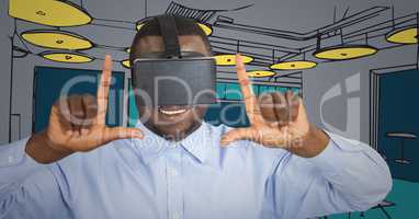 Business man in virtual reality headset doing camera gesture against blue and yellow hand drawn offi