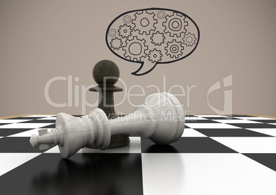 3d Chess pieces against brown background and speech bubble with cogs