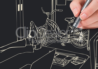 hand drawing 3D office lines in negative( white lines and dark background)