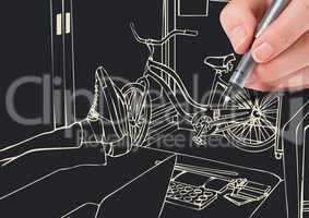 hand drawing 3D office lines in negative( white lines and dark background)