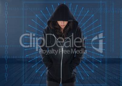 Woman hacker with hands in pocket in front of digital blue background