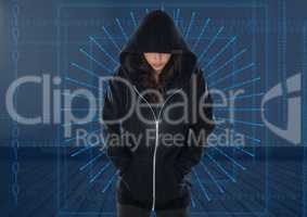 Woman hacker with hands in pocket in front of digital blue background