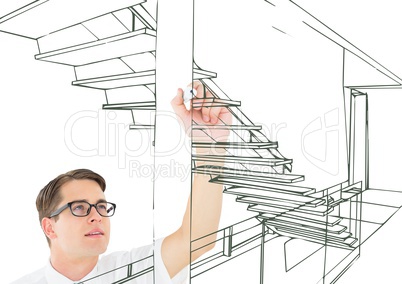 young man drawing 3D office stairs green lines on the screen