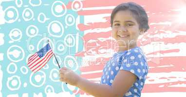 Girl holding american flag looking up with flare against hand drawn american flag