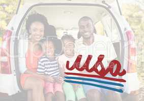Smiling family in the car boot for the 4th of July
