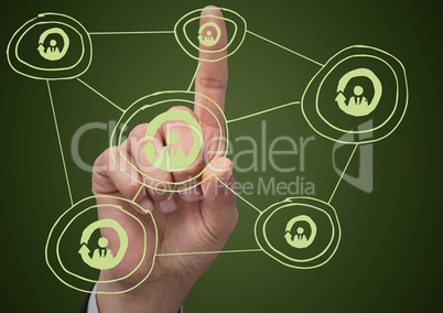 Hand pointing at green network doodle against green background