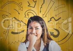 Frustrated business woman against 3D yellow wood panel and arrow graphics