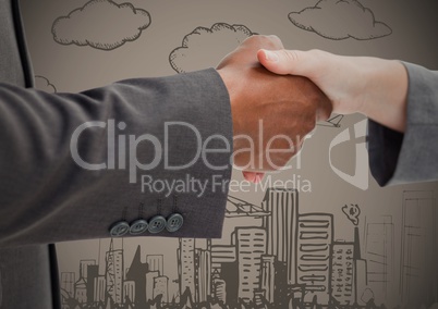 Business handshake against brown background with city doodles