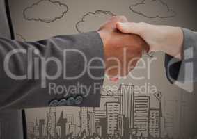 Business handshake against brown background with city doodles