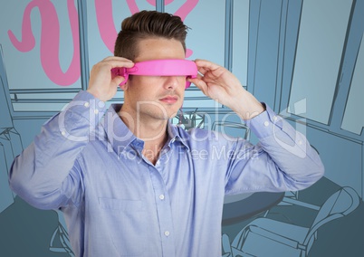 Business man in pink virtual reality headset against blue and pink hand drawn office