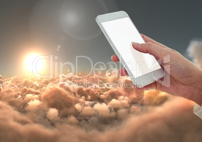 Hand Texting in 3D cloudy sky