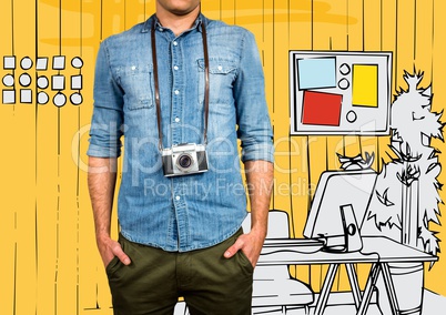 Millennial man mid section with camera against 3D yellow hand drawn office