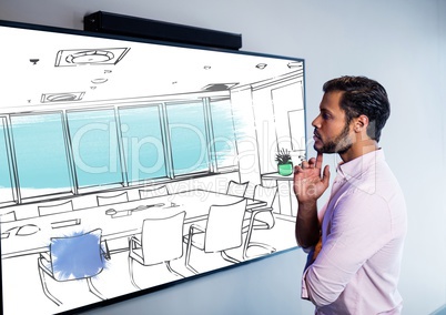 businessman looking the screen on the wall and thinking on the new 3D desing of the new meeting room