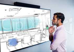 businessman looking the screen on the wall and thinking on the new 3D desing of the new meeting room