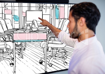 businessman (blurred) pointing the big screen with 3D new office lines (black and white with pink an
