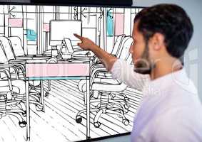 businessman (blurred) pointing the big screen with 3D new office lines (black and white with pink an