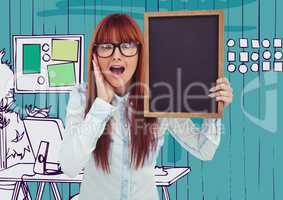 Millennial woman with chalkboard against blue hand drawn office