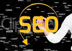 SEO with circle arrow write by businessman. Connections behind