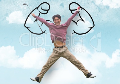 happy man jumping in front of fists in the sky draw on a wall