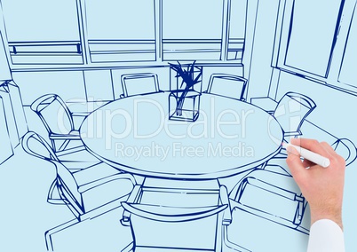 hand drawing office blue lines on light blue background