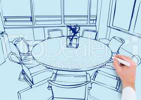 hand drawing office blue lines on light blue background