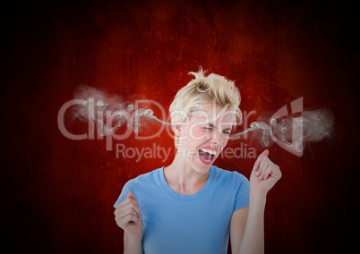 anger young woman with steam on ears. Black and red background