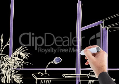 3D hand drawing office lines in negative (white lines and black background) with purple details