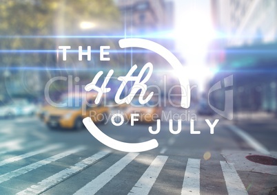 White fourth of July graphic against blurry street scene with flares