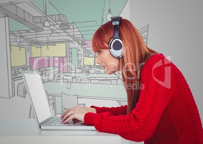 Millennial woman at desk with computer and headphones against 3D hand drawn office