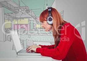 Millennial woman at desk with computer and headphones against 3D hand drawn office
