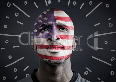 Portraiture of man with american flag face paint against navy chalkboard and white fireworks doodle