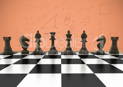 3D Chess pieces against orange background with math doodles