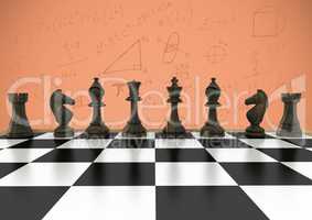 3D Chess pieces against orange background with math doodles