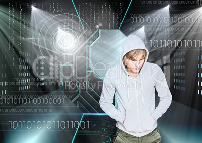 3D Hacker with hands in pocket standing on in front of digital background