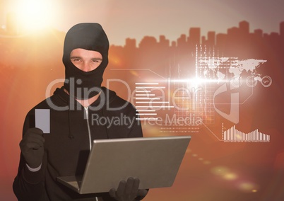 3D Hacker holding a credit card and using a laptop in front of digital background