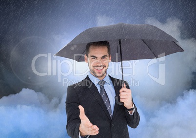 3D Smiling man offering his hand holding an umbrella