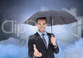 3D Smiling man offering his hand holding an umbrella