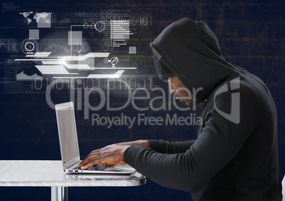 Side view of 3d hacker using a laptop in front of blue digital background