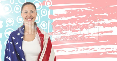 Woman wrapped in american flag with flare against hand drawn american flag