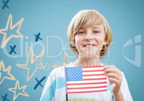 Boy holding american flag against blue background with hand drawn star pattern