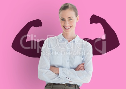 happy businesswoman hand folded in front of fists dark pink draw on pink wall